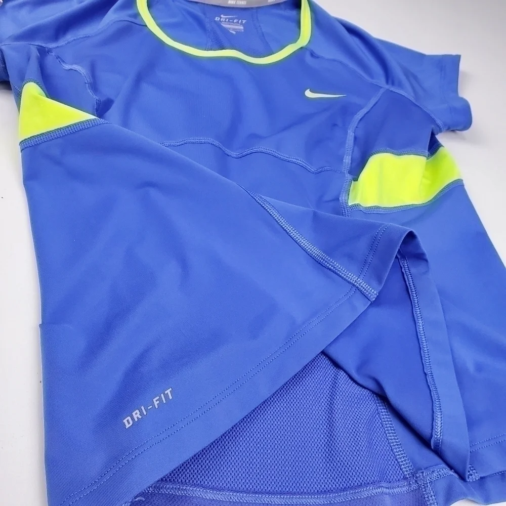 NIKE Tennis Dry Fit Top, Blue Neon Green Shirt  Lg